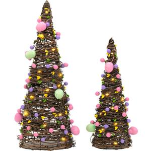 CRCZK 2PACK Easter Rattan Table Tree Decor Lighted Easter Decorations Table Centerpieces Decor Artificial Tree with Led Lights,Eggs&Berries Spring Decorations for Home (Pink Green)