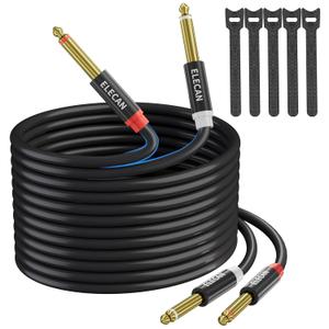 Elecan Dual 6.35mm 1/4 TS to Dual 1/4 TS Stereo Audio Cable 50 Ft, Interconnect Insert Cable, Firm Connection,Flexible Durable Tearable Color-Coded Mono Breakout Cable for Speaker Amplifier Mixer+Ties