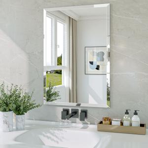 Frameless Bathroom Mirror, 18" x 26" Rectangle Beveled Wall Mirror, Modern Decorative Vanity Mirrors for Living Room, Entryway, Bedroom, Hangs Horizontally or Vertically