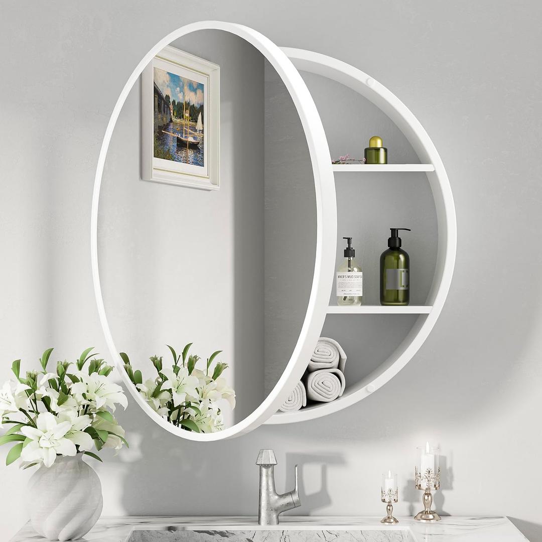 Keonjinn 26 Inch White Medicine Cabinets with Mirror for Bathroom, Round Farmhouse Medicine Cabinet, Circular Surface Mount Medicine Cabinet Only, White Metal Framed Medicine Cabinets with Mirror