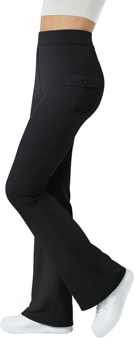 Women's High Waist Flared Casual Pants, Button Side Flap Work Pants with Pocket M