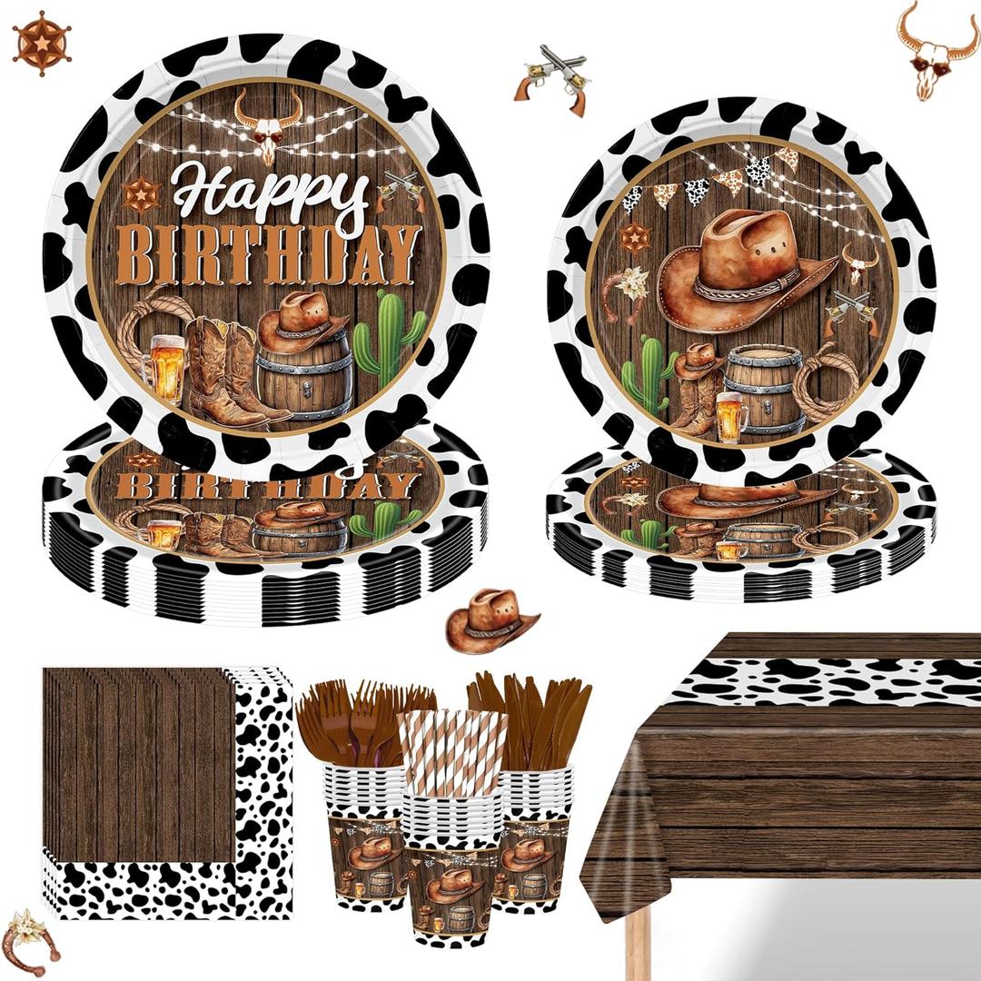 169PCS Cowboy Party Decorations for Boys Western Birthday Party Supplies Cowboy Wild West Themed Paper Plates and Napkins Cups with Forks Knives and Straws Tableware Set for 24 Guests