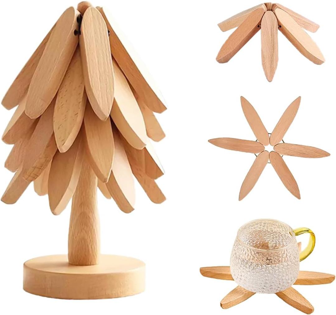 Premium Wooden Trivets, Kitchen Trivet for Pans & Plates & Cups, Dining-Table Pine Tree Decoration, Eco-Friendly & Easy Clean & Space-Saving (4 Leaf Foldable)