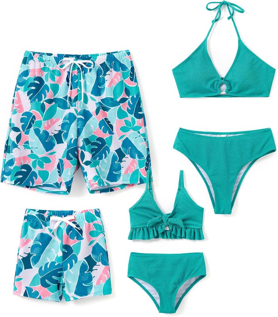 PATPAT Family Matching Summer Swimsuits, Two Piece Bathing Suits Tropical Plant Floral Print Swim Trunks Shorts (3-4T, Mint Green)