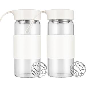 Small Glass Shaker Bottle, 2 Pack 16oz BPA Free Odorless Shaker Bottle with 304SS Mixing Ball and Removable Cleaning Brush for Fitness & Protein Shakes(White-2Pack)