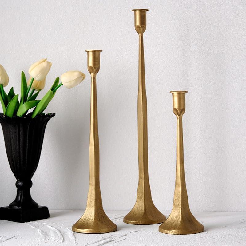 Denique Iron Taper Candle Holder Set of 3, Gold Candlestick Holders Decorative Candle Stand, Tapered Candle Holders Tall Set for Wedding, Dining Table, Home Decoration (Gold) (12,14,15.5)