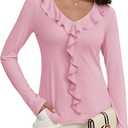 Women's Long Sleeve Shirts Dressy Casual V Neck Ruffle Knit Tunic Tops 2025 Fall Trendy Work Blouse (Pink, XS)
