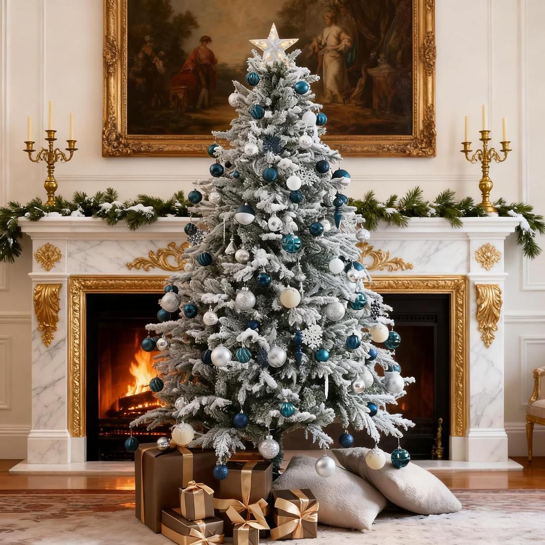 HipTree 7ft Snow Flocked Prelit Christmas Tree Decorations with 300 Dual-Color LED Lights, Lighted Artificial White Xmas Tree for Indoor Decor,Living Room with 1878 Tips, Metal Stand,Plug-in