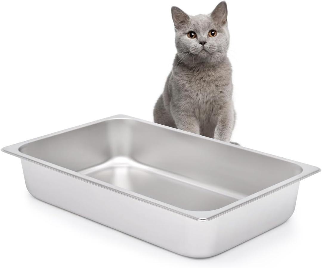 Kichwit Stainless Steel Cat Litter Box for Elderly Cats, Arthritic Cats, Small Kittens, Litter Pan for Hamsters Rabbits, Non Stick Smooth Surface, 21.1" L x 13.1" W x 4" H