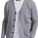 Men's Cardigan Sweater Button Front V-Neck Long Sleeve Knit Sweaters (Gray, XXL)