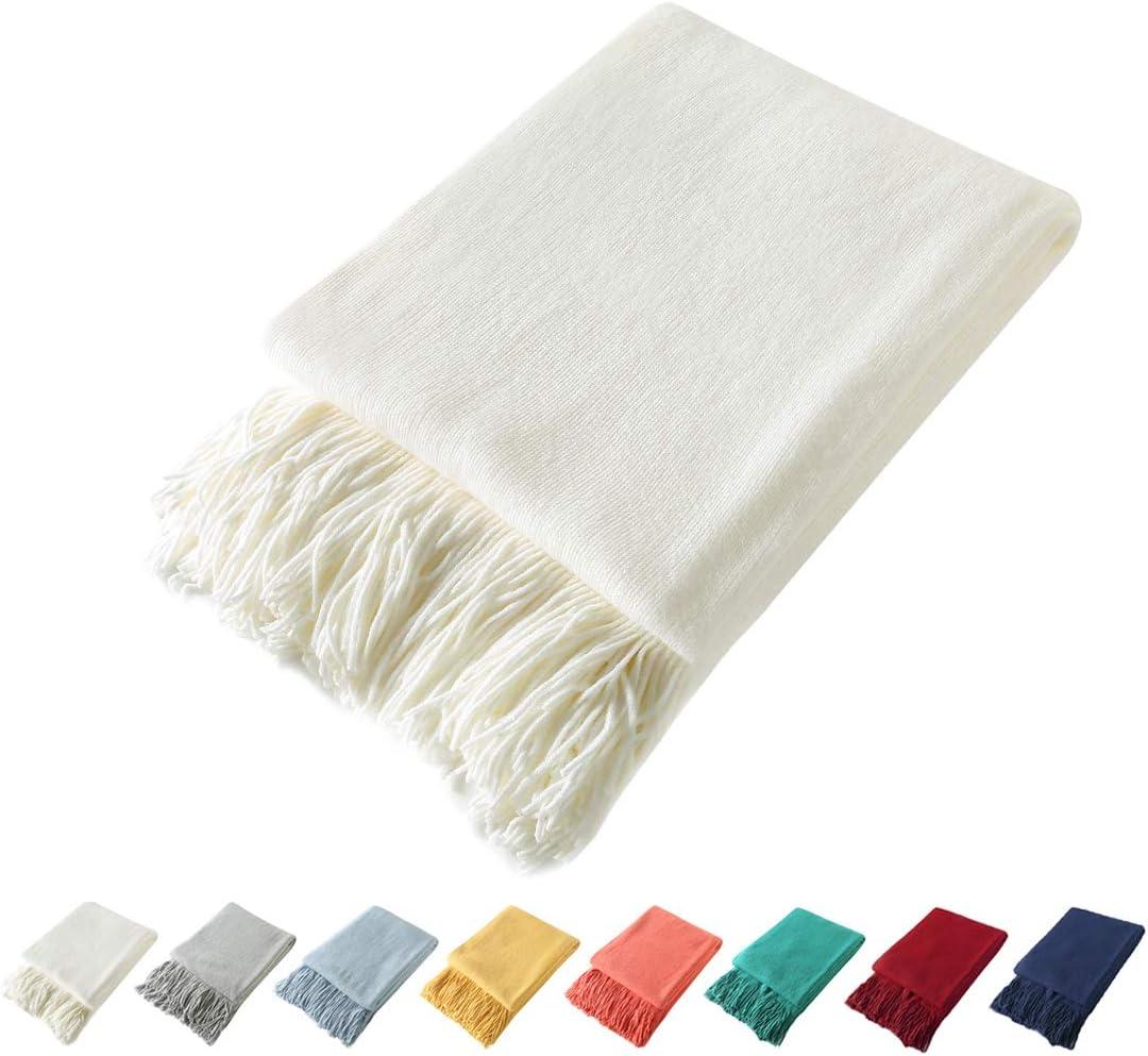 Homiest Decorative Knitted Throw Blanket with Fringe Soft & Cozy Tassel Blanket for Couch Sofa Bed (50" x 60", Ivory)