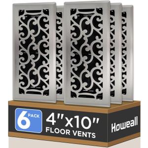 Howeall 4x10 Inches 6 Pack Heavy Duty Walkable Floor Register - Easy Adjust Air Supply Lever Decorative Floor Vent Covers, Savannah Design Vent Covers for Home - Satin Nickel