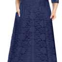 MAYFASEY Women's Plus Size Floral Lace Wedding Dress 3 4 Sleeve Bridesmaid Evening Party Long Maxi Dresses with Pockets (B-navy Blue)