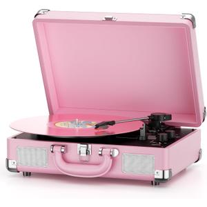 Vinyl Record Player 3-Speed Bluetooth Suitcase Portable Belt-Driven Record Player with Built-in Speakers RCA Line Out AUX in Headphone Jack Vintage Turntable,Pink