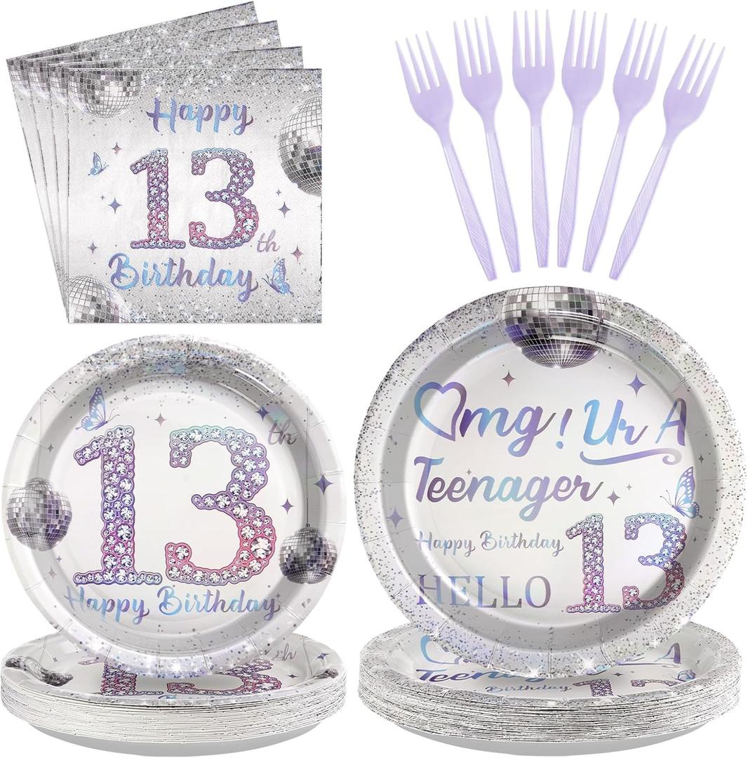 Grencian 96Pcs 13th Birthday Decorations for Girls Silver Disco Iridescent 13th Birthday Plates and Napkins Disposable Paper Tableware for Girls 13 Year Old Party Supplies, Serves 24