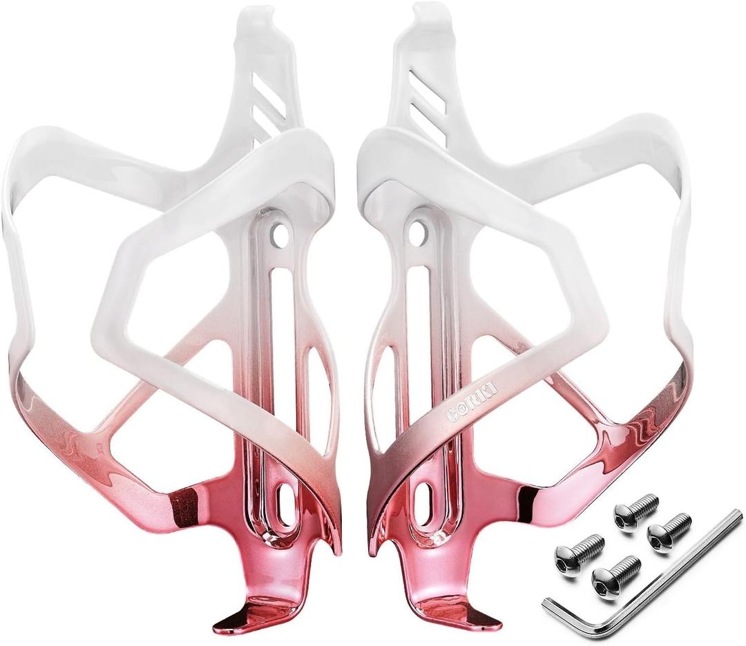Corki Cycles Heavy Duty Bike Water Bottle Holder, Lightweight Aluminum Cage Shockproof Design for Road Mountain Gravel Bikes, Holds 21-32 oz, 2-Pack White Pink Corki Cycles Heavy Duty Bike Water Bottle Holder, Lightweight Aluminum Cage Shockproof Design for Road Mountain Gravel Bikes, Holds 21-32 oz, 2-Pack White Pink