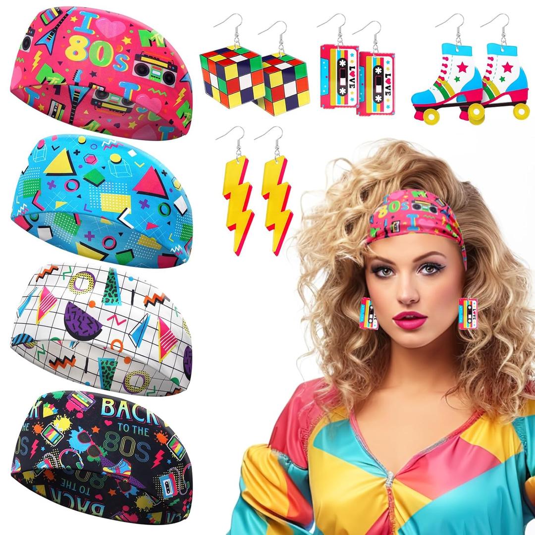 80S 90S Accessories for Women 4 Pairs Retro Earrings 4 PCS Headbands 80S Stylish Girl Neon Earrings Cassette Tape Acrylic Drop Dangle 90S Hair Accessories Vintage Headbands Soft Elastic Sweat