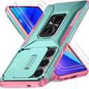 Case for Samsung Galaxy S25 Ultra with Slide Camera Cover+Screen Protector(2 Packs), Military Grade Shockproof Protective Cover, Rotated Ring Kickstand(A - Celadon+Pink)