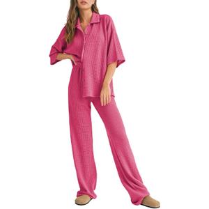 SHEWIN Women's 2 Piece Outfits Waffle Knit Lounge Sets Casual Short Sleeve Button Down Sleepwear Pajamas Set, S