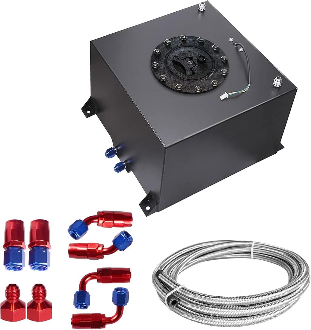 Universal 5 Gallon 20L Fuel Cell Tank Polished Aluminum Black with Cap/Level Sender/12FT Oil Feed Line