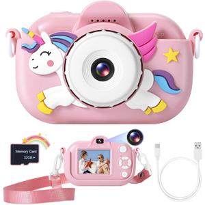 Kids Camera Toys for Girls Age 3-8, Kids Digital Camera Toddler Camera for 3 4 5 6 7 8 Years Old Birthday Gifts, 1080P Video Cameras with Cute Protective Cover & 32GB SD Card