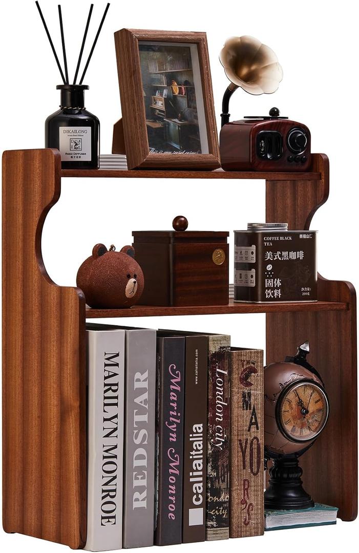 Wood Bookcase 2 Tier Desktop Bookshelf Storage Organizer Bookshelves for Books Small Bookcase for Home Office