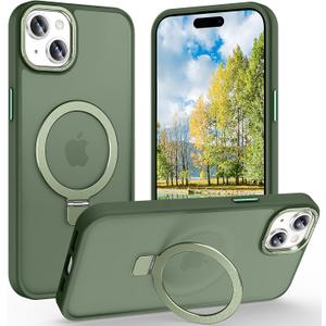 Magnetic for iPhone 15 Plus Case with Ring Stand, Translucent Matte Back Shockproof Phone Case for iPhone 15 Plus 6.7'', Midnight Green