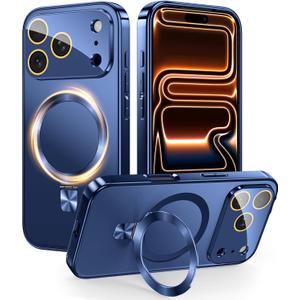 TOBOVON Magnetic for iPhone 17 Pro Max Case with Ring Stand, Fits MagSafe, with Built-in Camera Lens Protector, Slim Electroplated Shockproof Phone Cover, Blue