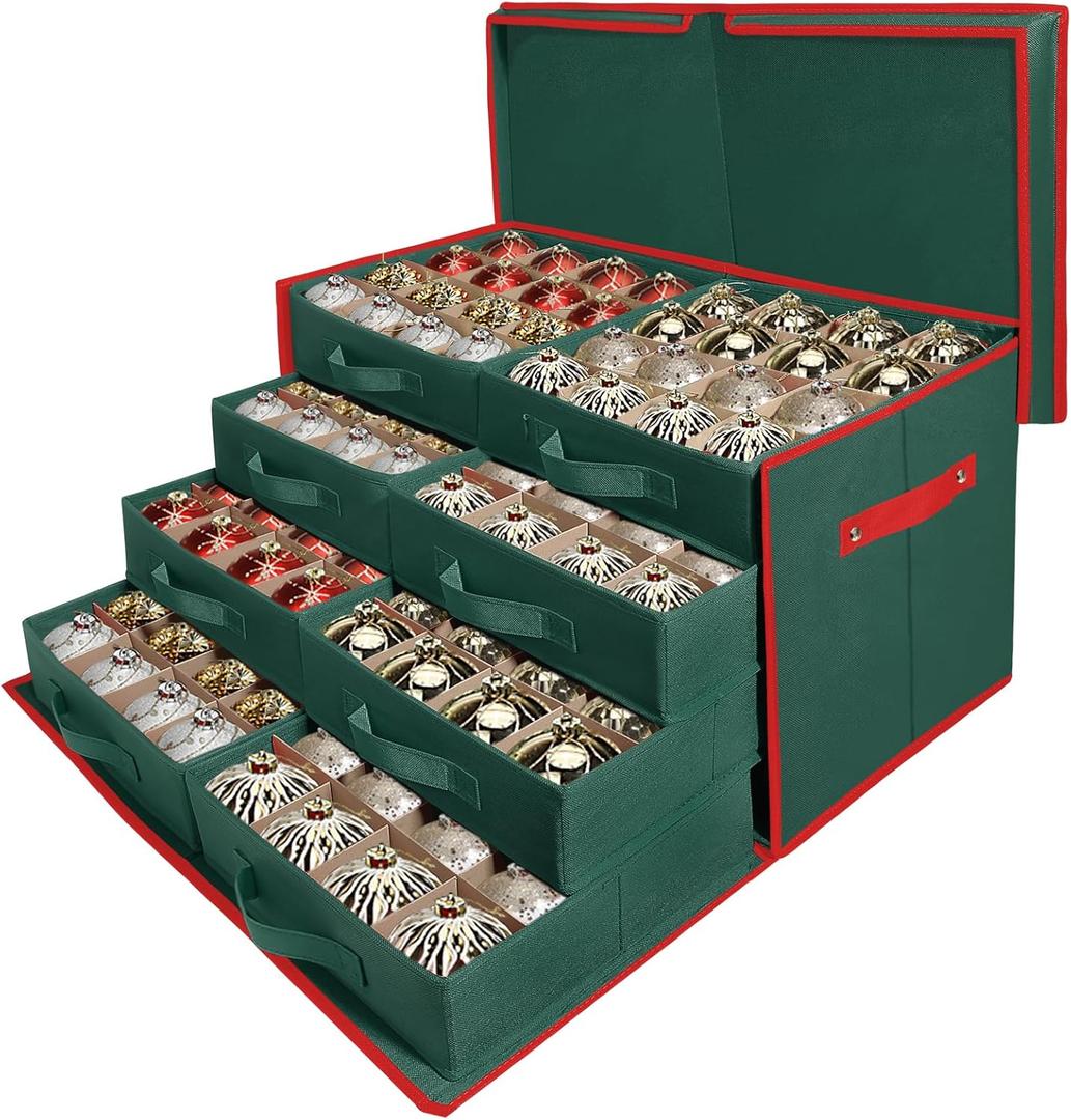 WDZREE Premium Large Christmas Ornament Storage,Box with Side Open, Drawer Style Trays -3" Compartment, 8 Trays, Keeps 128 Holiday Ornaments -Made of Durable 600D Oxford Fabric Tear-Proof Material (Green)
