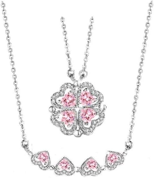 Sterling Silver 2 in 1 Convertible Clover Heart Necklace with Cubic Zircon