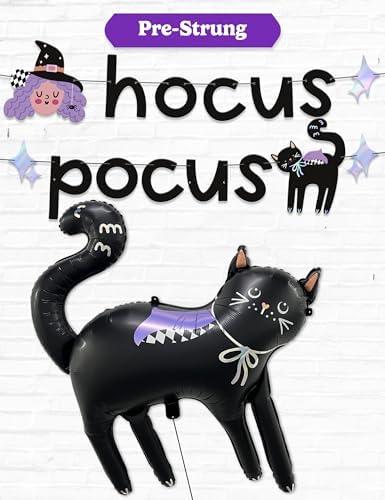 HOUSE OF PARTY Hocus Pocus Halloween Banner & Black Cat Balloon - Perfect Indoor Halloween Party Decoration with Witch & Black Cat Designs - Ideal for Mantle and Hocus Pocus Party Decorations, Pack Of 3