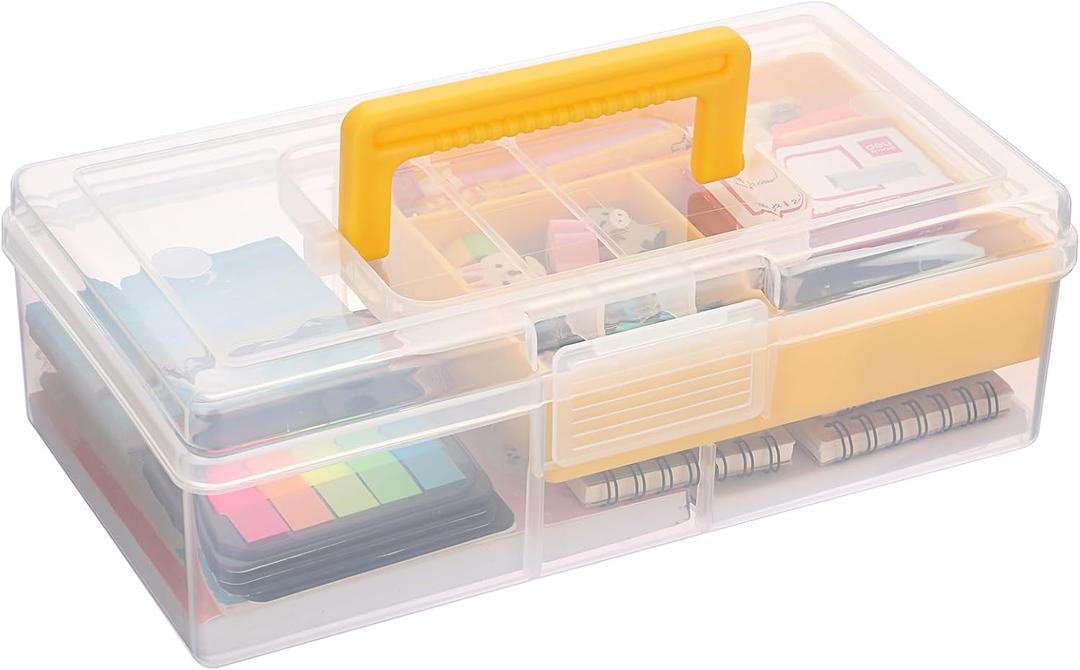 JUXYES Plastic Carry Storage Box with Removable Dividers, Clear Art Craft Supply Storage Bin Sewing Box With Handle Lid, 2 Layers Stationery Storage Case for School/Office Supplies (1 Pack, Yellow)