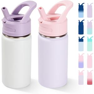 12oz Water Bottle for School, Bottles with Straws, Stainless Steel Vacuum Insulated Water Bottle, Leak-Proof, BPA-Free, Gentle Purple + Luck