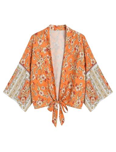 ZAFUL Women's Beach Kimono Cover Up Batwing Sleeve Floral Blouse Loose Cardigan Shirts Boho Open Front Summer Tops Orange M