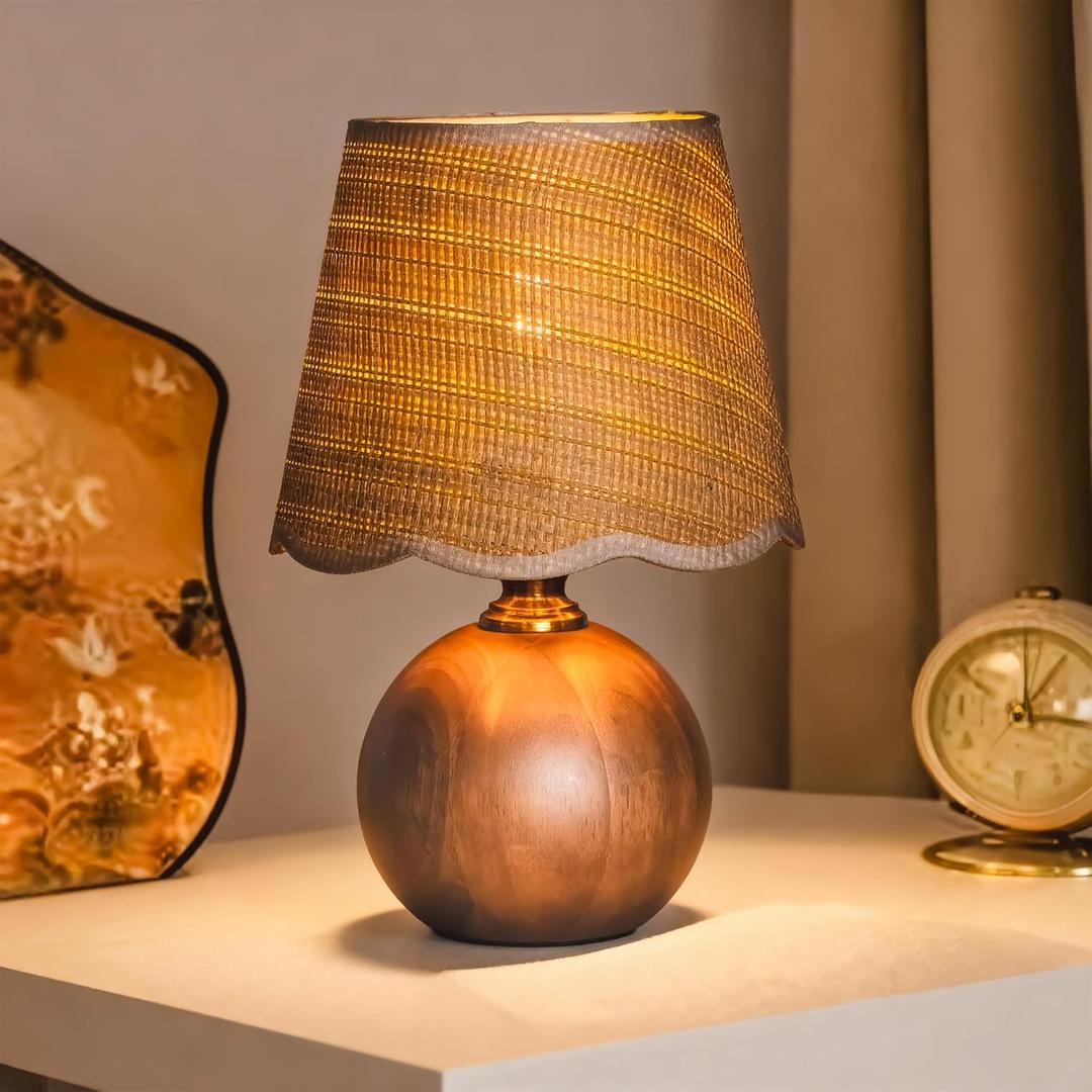 11.4" Modern Wooden Bedside Table Lamp, Small Nightstand Desk Lamp with Fabric Shade, Warm Ambient Light, Dimmable E26 Socket with Bulb Included for Bedroom Living Room (Fabric, Scalloped Fabric+Solid Wood Base)