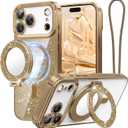 Magnetic Case Designed for iPhone 17 Pro Max with Removable Phone Ring Stand, Glitter Card & Wrist Strap, Compatible with MagSafe, Built in Mirror, Phone Ring Holder + Phone Case Kit, Desert Titanium