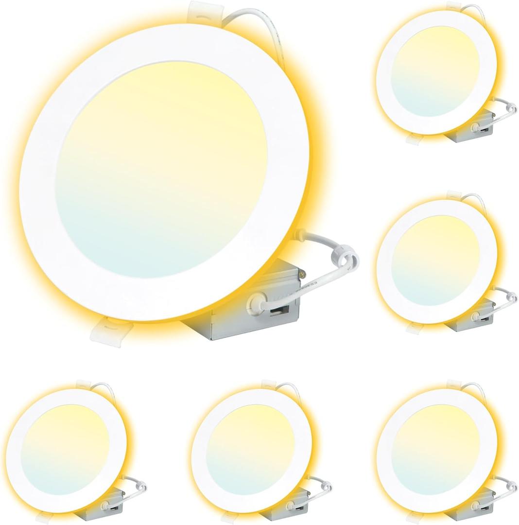6 Inch White Recessed Lighting with Night Light 6 Pack, High Brightness Canless Wafer, 12W, 120V, 1100LM, Dimmable, 2700K-5000K Selectable, ETL FCC