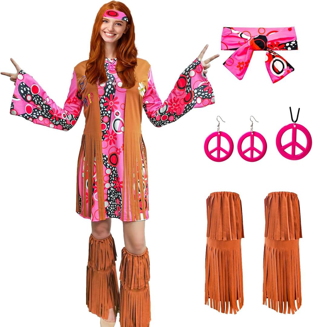 ATAMET 60s 70s Outfits for Women Hippie Costume Disco Dress,Halloween Party Dress Set (X-Large)
