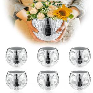 6 Pcs Disco Vase, Silver Mirror Ball Disco Ball Planter 5" X 6" Glass Silver Candle Holder White Vases for Centerpieces Table Decorations Party Wedding Birthday Gift