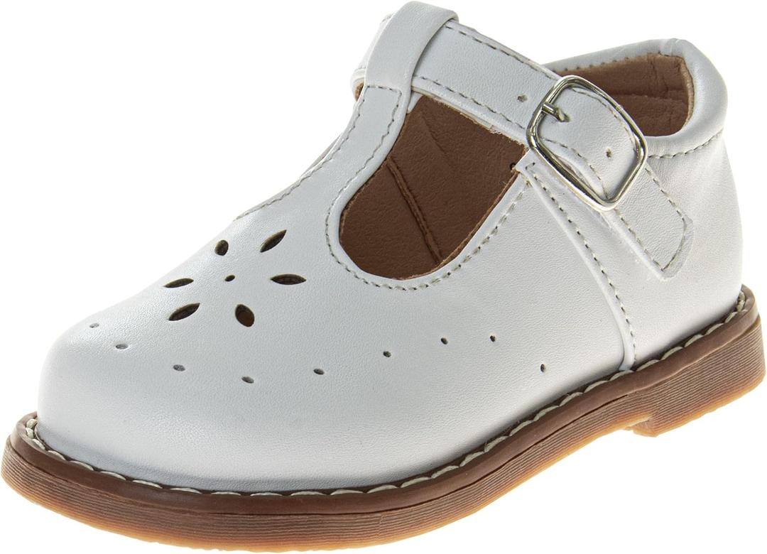 Josmo Baby Girls Maryjane Flats Slipon T Strap Closure - Newborn Infant Formal Dress Shoes Mary Jane - White (Size 4.5 Toddler)