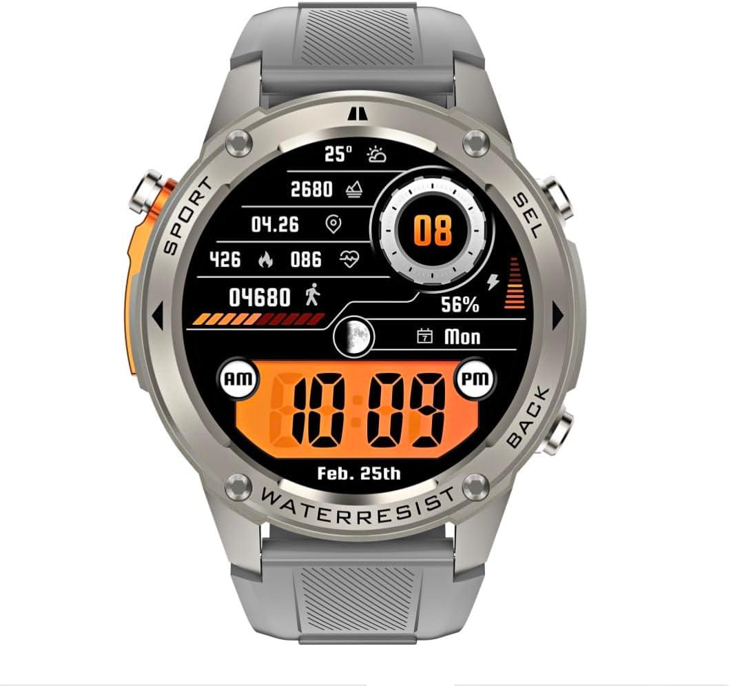 Infiniity DM56 Smartwatch for Men, 1.43" AMOLED Display, Bluetooth Calling & Fitness Tracker, Heart Rate & Sleep Monitor, 5-ATM Waterproof, Silver Strap, Works with Android & iOS