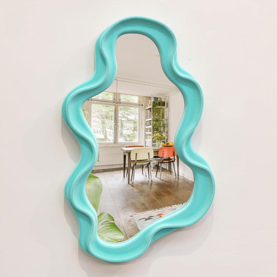 Wall Mirror Home Office Decor, Irregular Wall-Mounted Decorative Mirrors for Modern Apartment Bedroom Laundry Room Decoration, Hanging Wall Art Above TV Desk Table Decor (Turquoise Blue) (16x10")