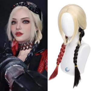 Long Blonde Wig with Red and Black Braided Wigs Ponytails Pigtails Clown Cosplay Costume Cosplay Halloween Women 2021