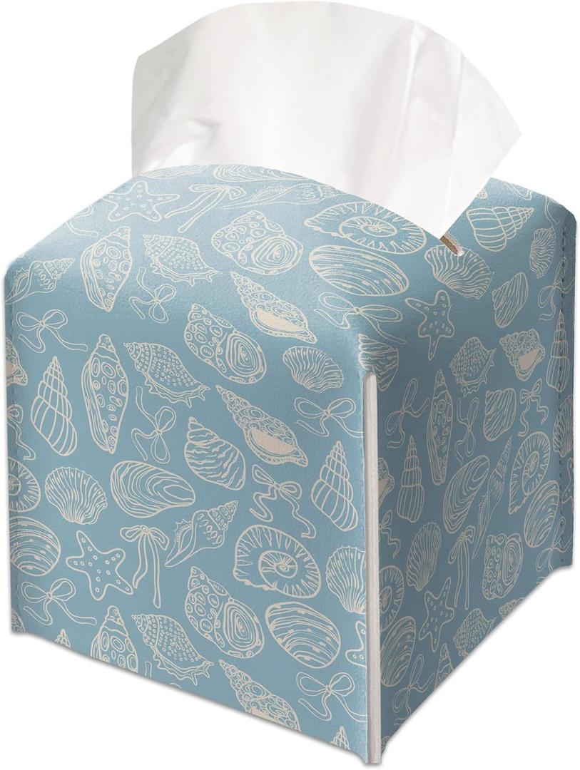 Seashells Decorative Leather Tissue Box Cover - Tissue Box Holder Gifts for Women Family and Friends Funny Unique Home Decor Decorative for Kids Room Kitchen Bathroom Office - A04