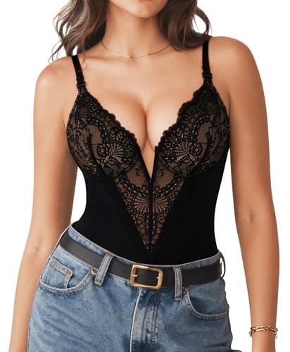 Popilush Bodysuits for Women Tummy Control Lace Shapewear V Neck Sleeveless Bodysuit Tops Low Back Body Suit XL