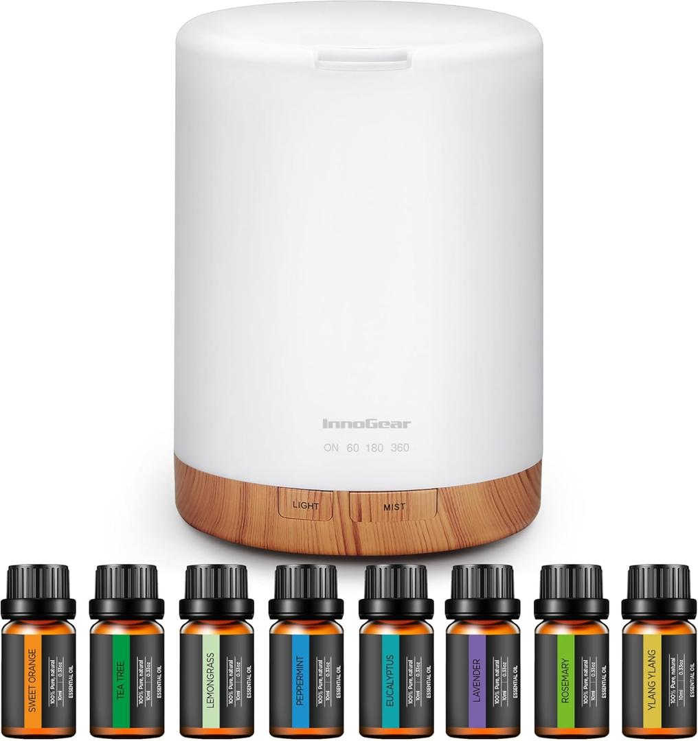 InnoGear Aromatherapy Diffuser & 8 Essential Oils Set, 300ml Premium 5-in-1 Ultrasonic Essential Oil Diffusers Scent Humidifier Aroma Diffuser Vaporizer Auto-Off Timer for Room Office Home, Yellow (Medium, White With Yellow Base)