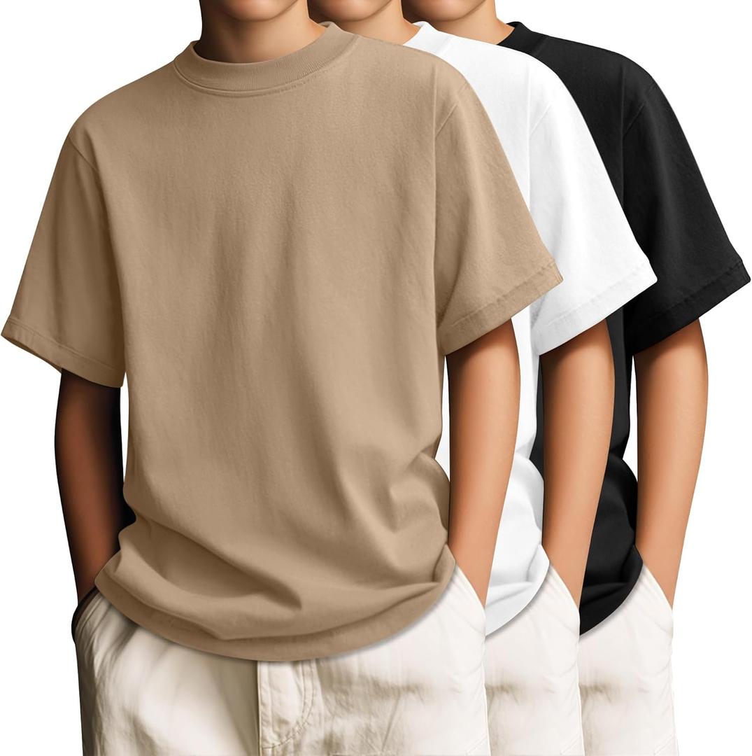 3 Pack Boys' T-Shirts Short Sleeve Crew Neck Kids Shirts Loose Fit Teen Basic Soft Plain Tees, Khaki, White, Black, 14-16 Years