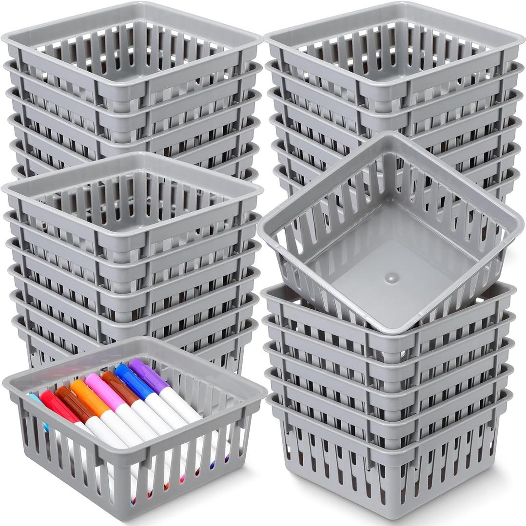Tatuo 24 Pcs Classroom Small Plastic Baskets Bulk Storage Baskets for Organizing Crayon Pencil Containers Organizer Bins for Back to School Gift Office Desk Drawer Home, 5.31 x 5.31 x 2.44 Inch(Grey)