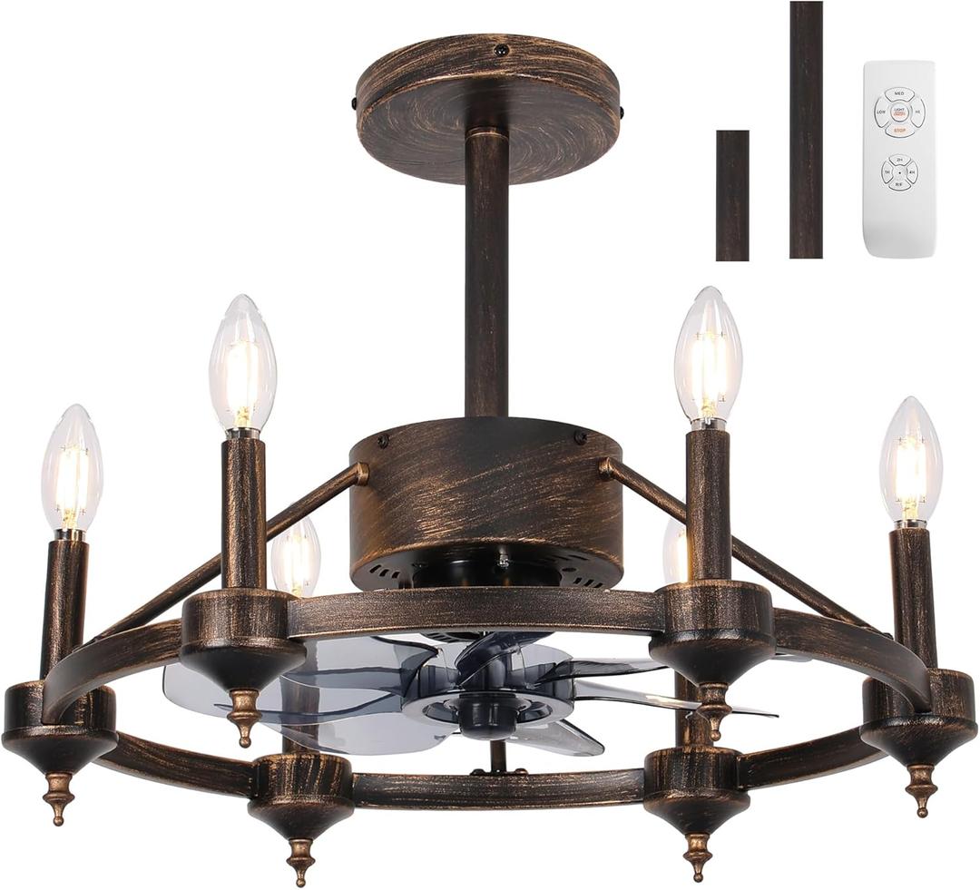 Farmhouse Chandelier Ceiling Fans with Lights for Bedroom Rustic, Vintage Cage Fandelier with Lights and Remote,Antique Bronze Wagon Wheel Chandelier Fan for Kitchen Dining Room