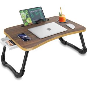 Zapuno Foldable Laptop Bed Table Multi-Function Lap Bed Tray Table with Storage Drawer and Water Bottle Holder, Serving Tray Dining Table with Slot for Eating, Working on Bed/Couch/Sofa (Beige1)